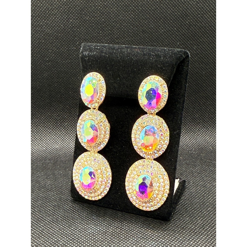 Gold AB Crystal Rhinestone Triple Drop Statement Earrings Pageant Formal